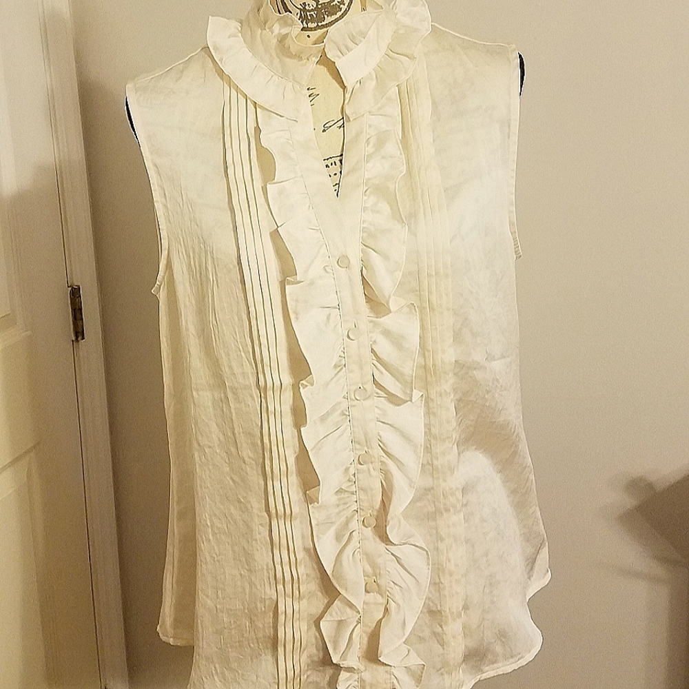 Off-white/beige sleeveless ruffle blouse/top by Talbots